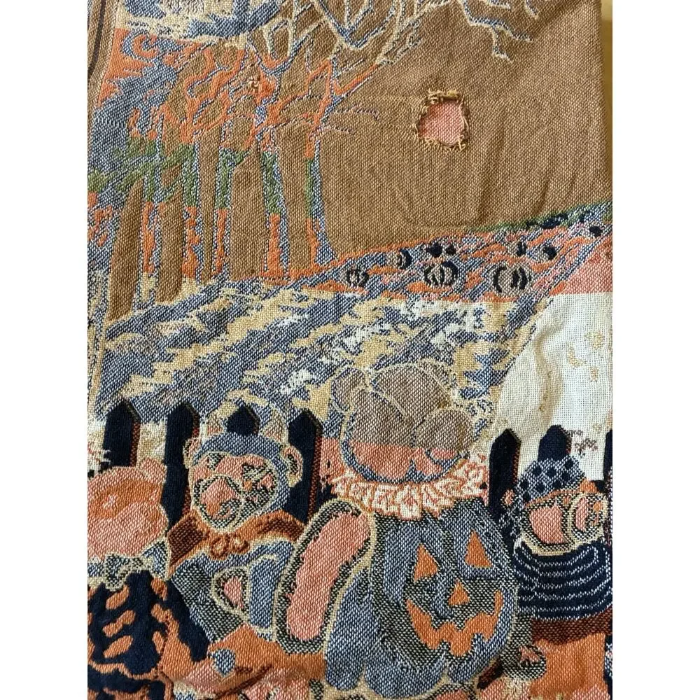 VTG 90s Goodwin Weavers Halloween Bears Trick or Treat Tapestry Throw Blanket